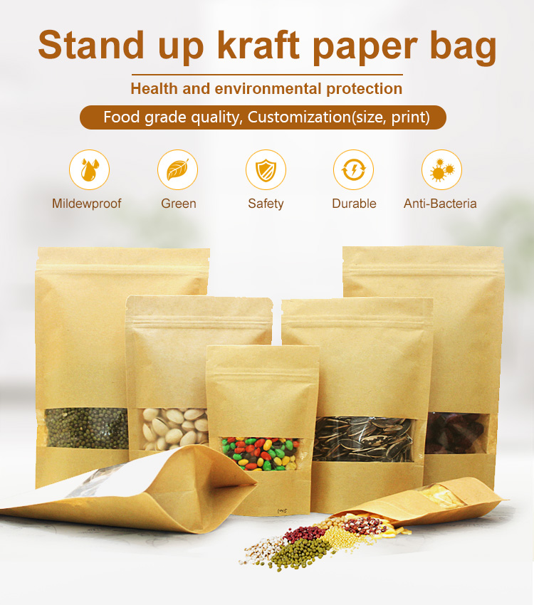 Kraft Paper Flat Bottom Stand Up Food Packaging Bag